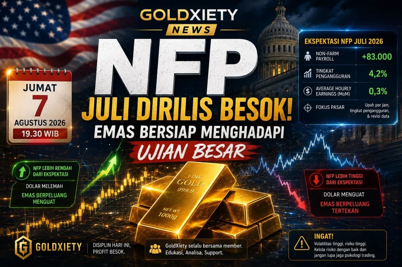 NFP Juli Dirilis Besok! Emas Bersiap Menghadapi Ujian Besar, Ini Analisis dan Pandangan GoldXiety